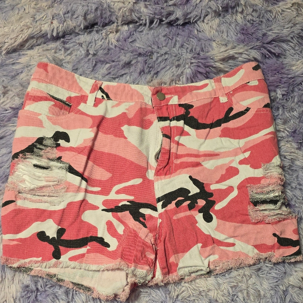 SHEIN Pink and White Camo Jean Shorts